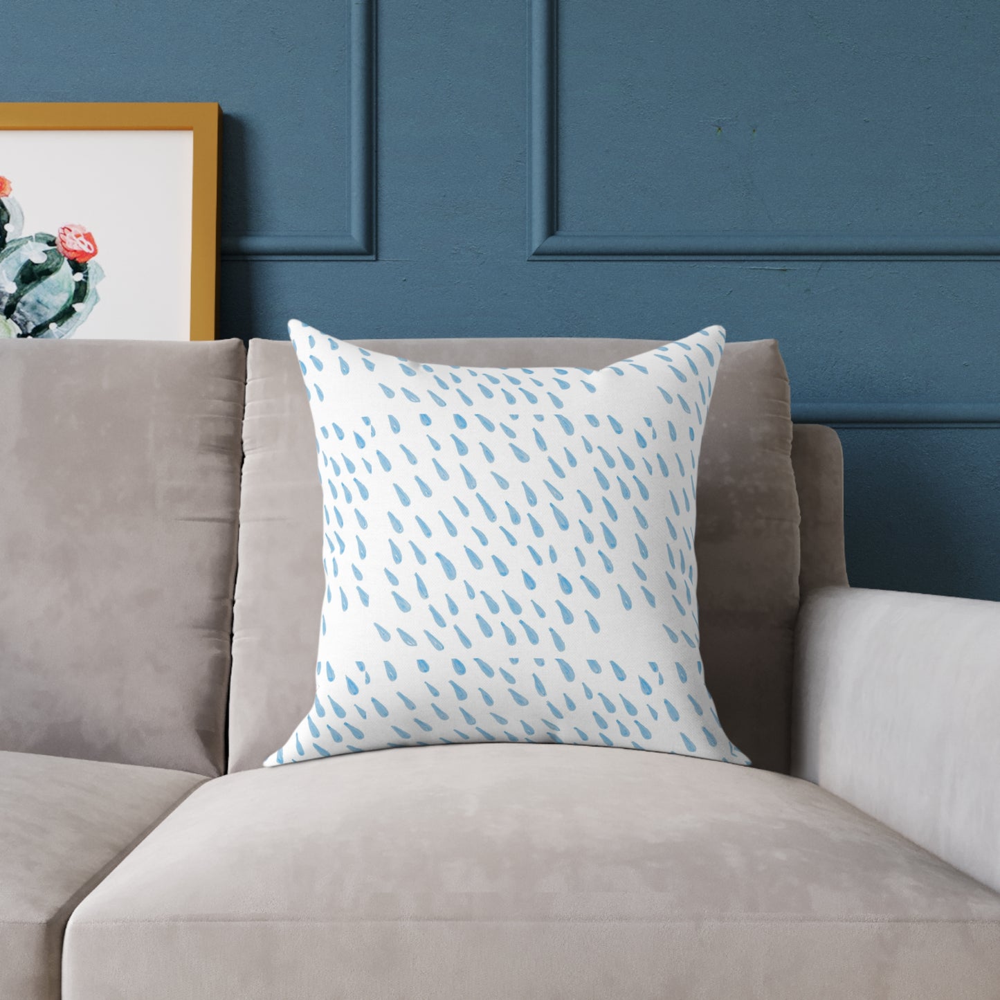 Blue Raindrop Pattern Square Pillow — Minimal Coastal Decorative Throw Pillow