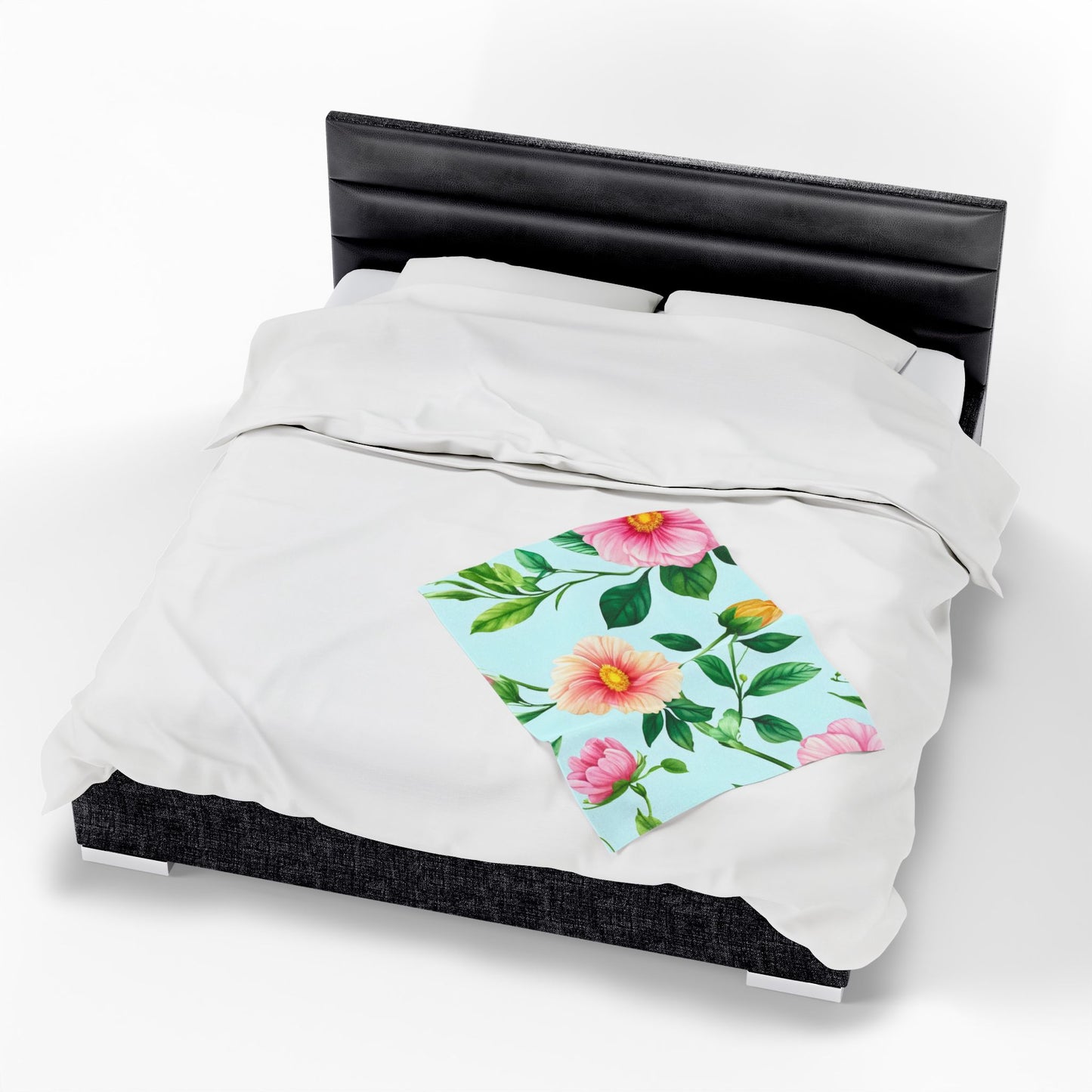 Floral Velveteen Plush Blanket — Pastel Pink & Mint Flower Throw