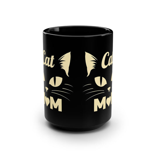 Cat Mom 15oz Black Mug — Cute Cat Face Coffee Cup for Cat Lovers
