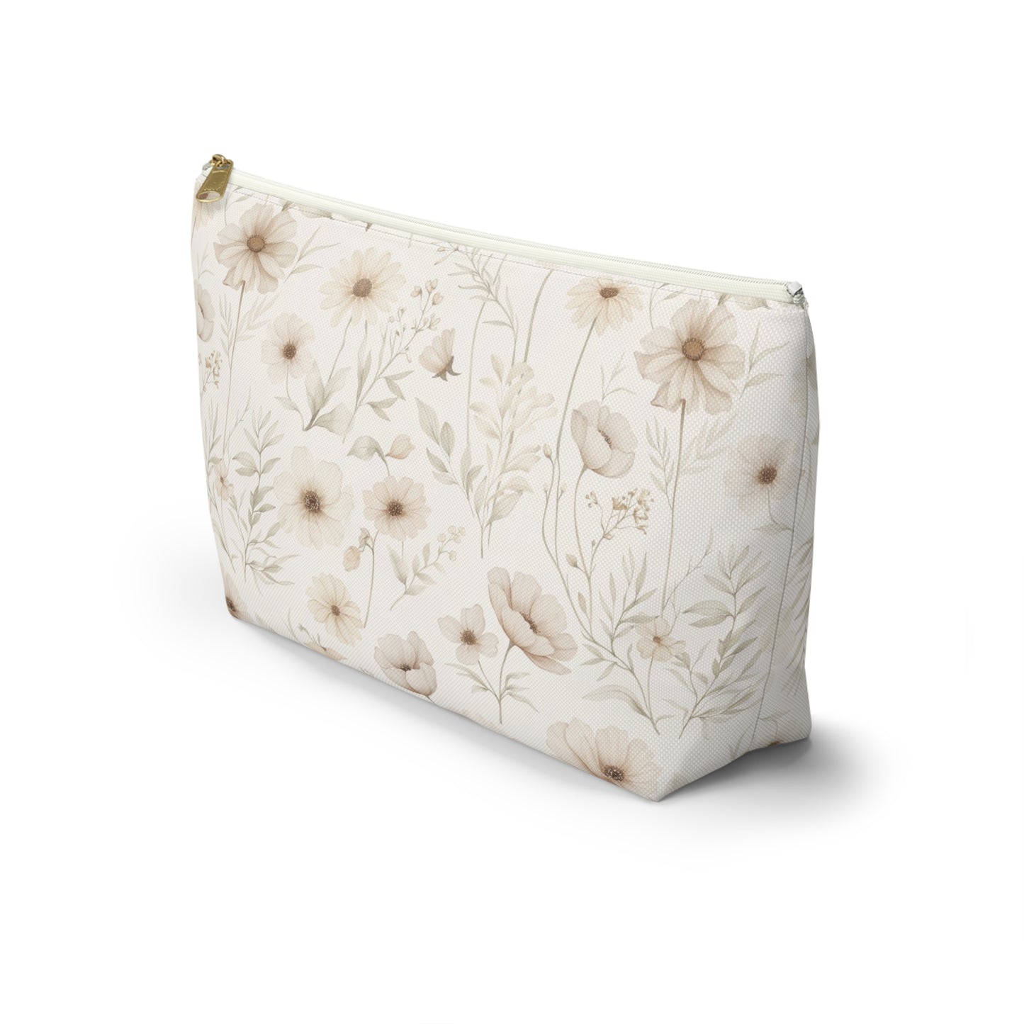 Floral Toile Accessory Pouch — Neutral Vintage Flower Cosmetic Bag