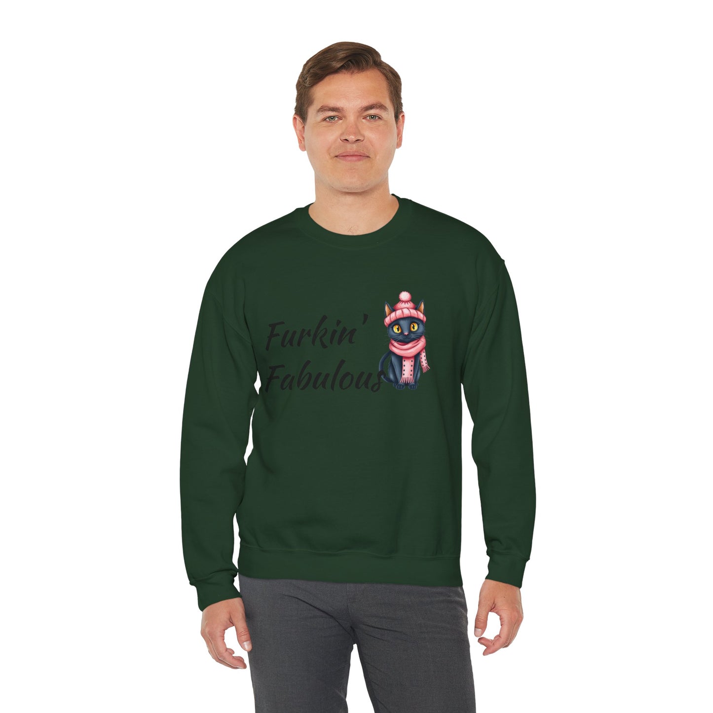 Crewneck Sweatshirt — "Furkin' Fabulous" Cute Black Cat in Pink Hat & Scarf
