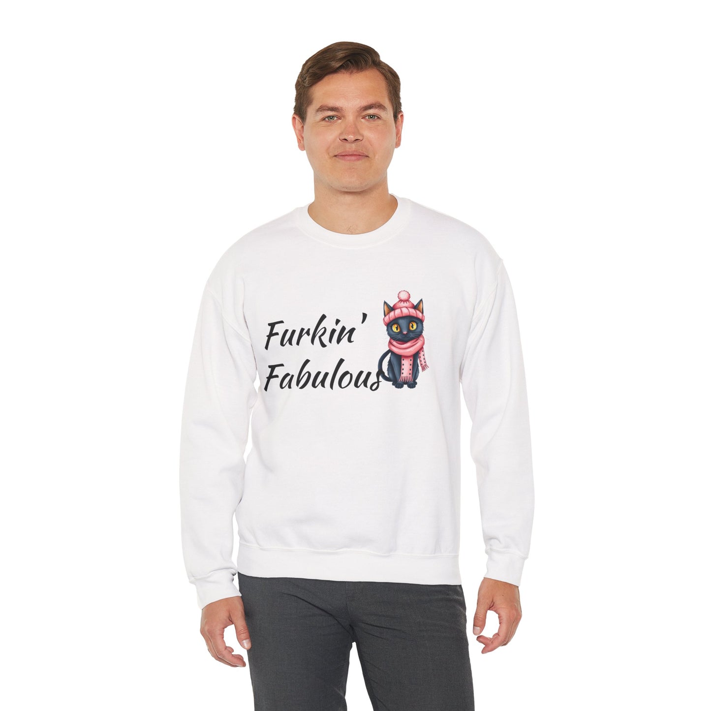 Crewneck Sweatshirt — "Furkin' Fabulous" Cute Black Cat in Pink Hat & Scarf
