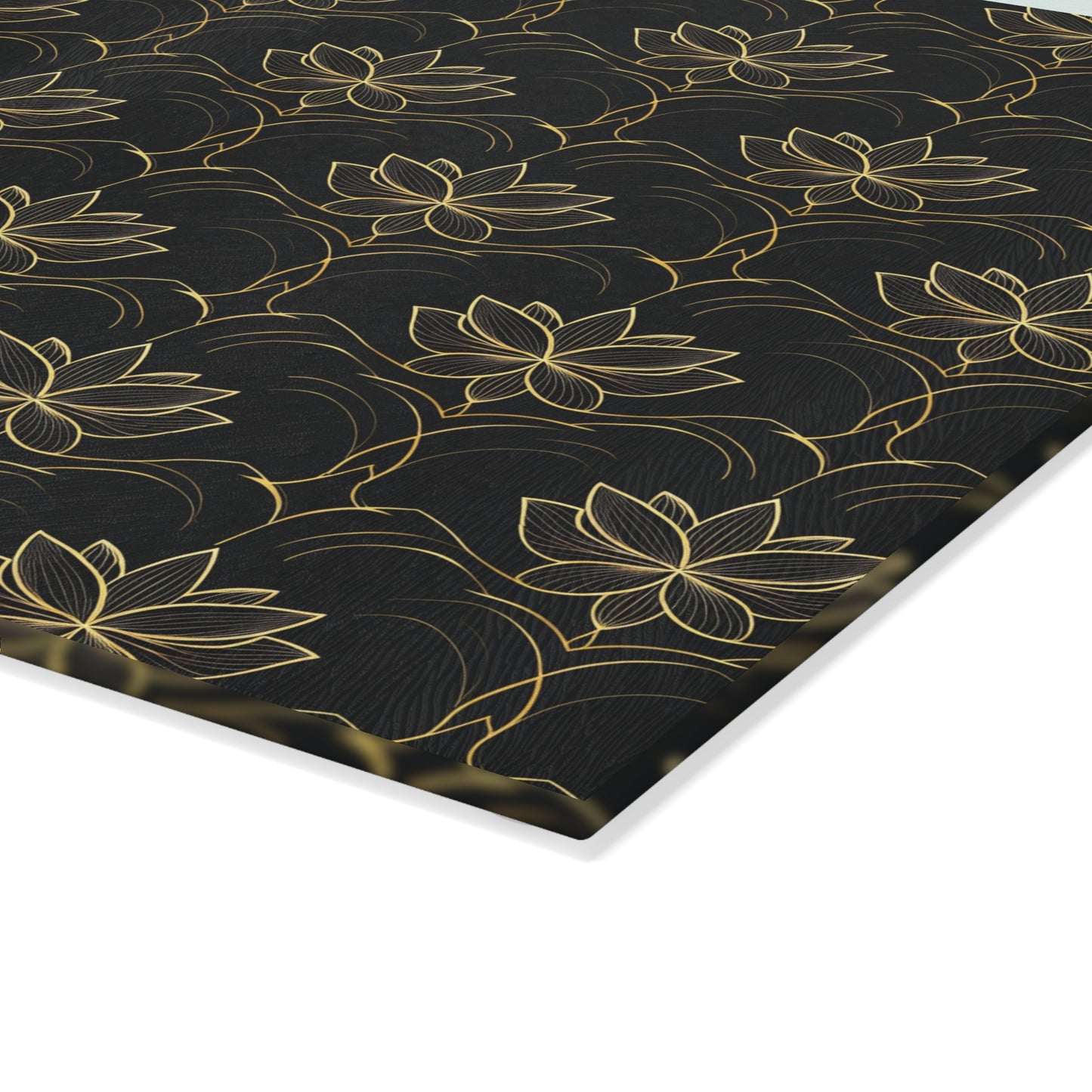 Lotus Pattern Glass Cutting Board — Elegant Black & Gold Kitchen Board