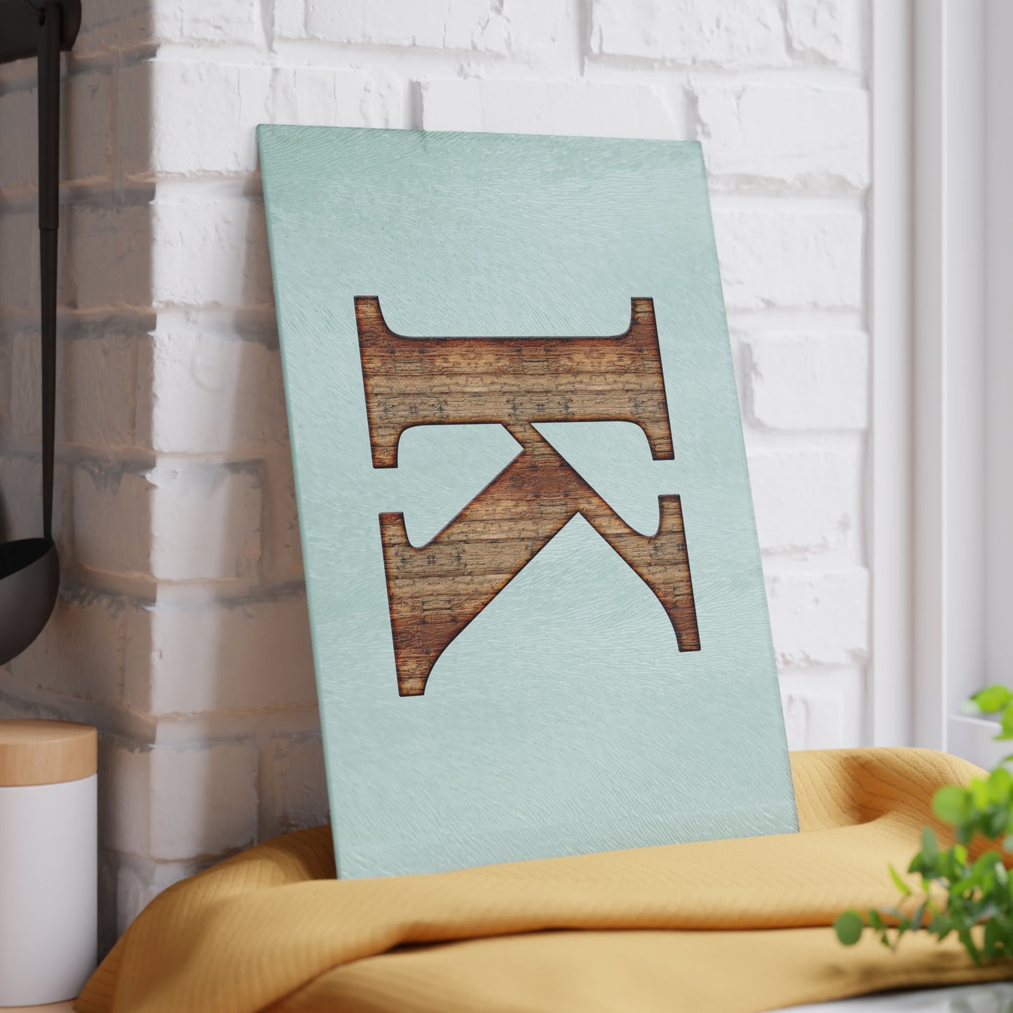 Monogram 'K' Glass Cutting Board — Rustic Wood Letter on Mint Background