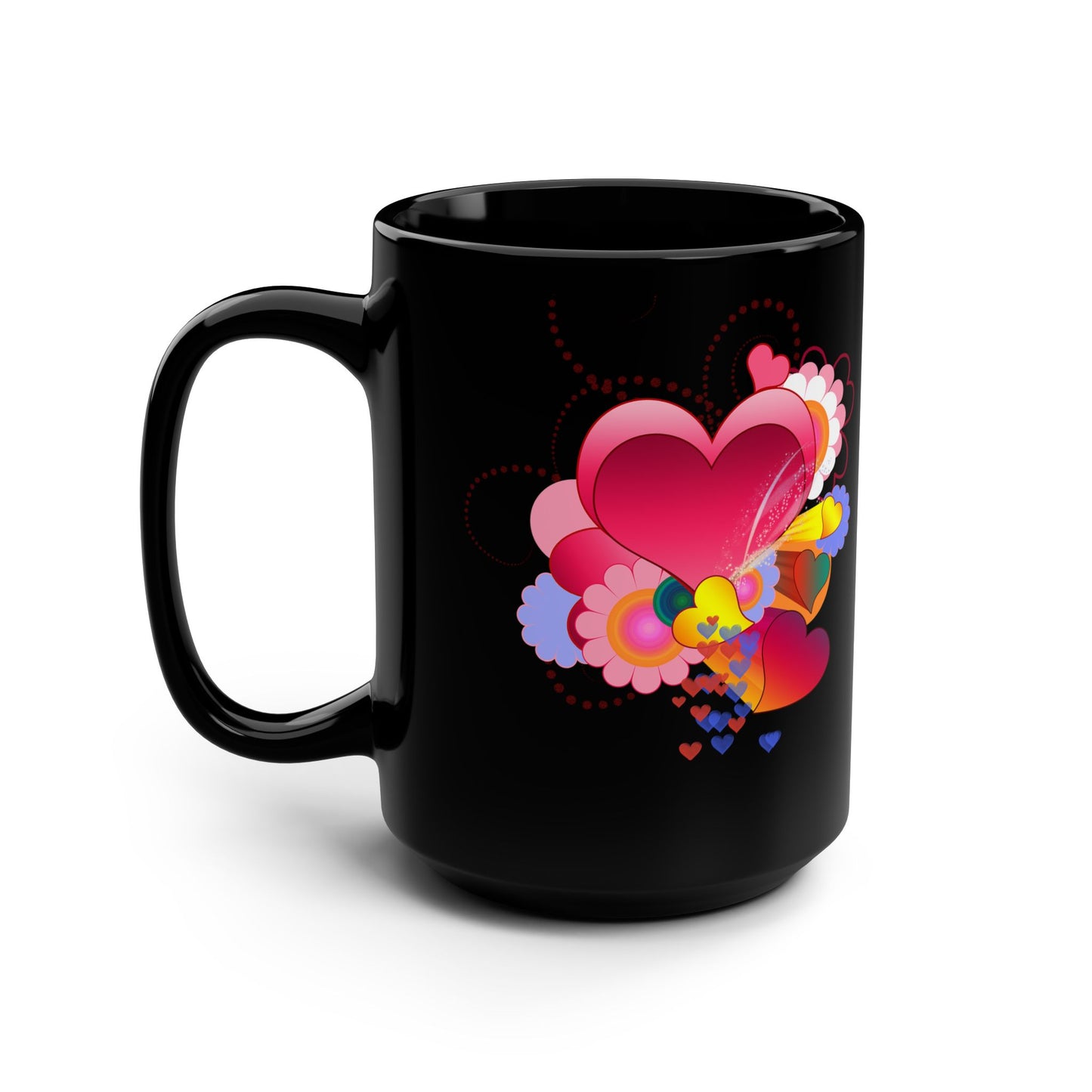15oz Black Mug — Colorful Heart Floral Love Design
