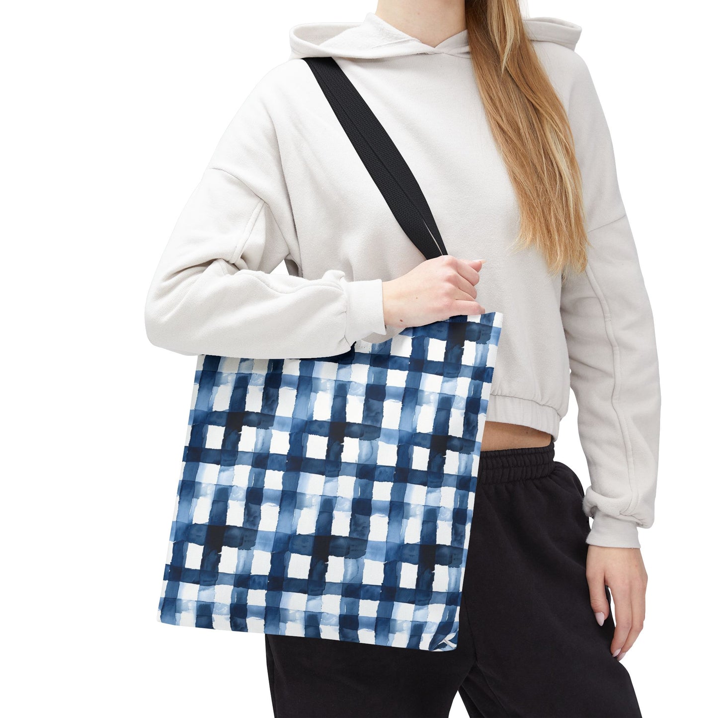 Blue Watercolor Plaid Tote Bag — Navy Check Pattern All-Over Print