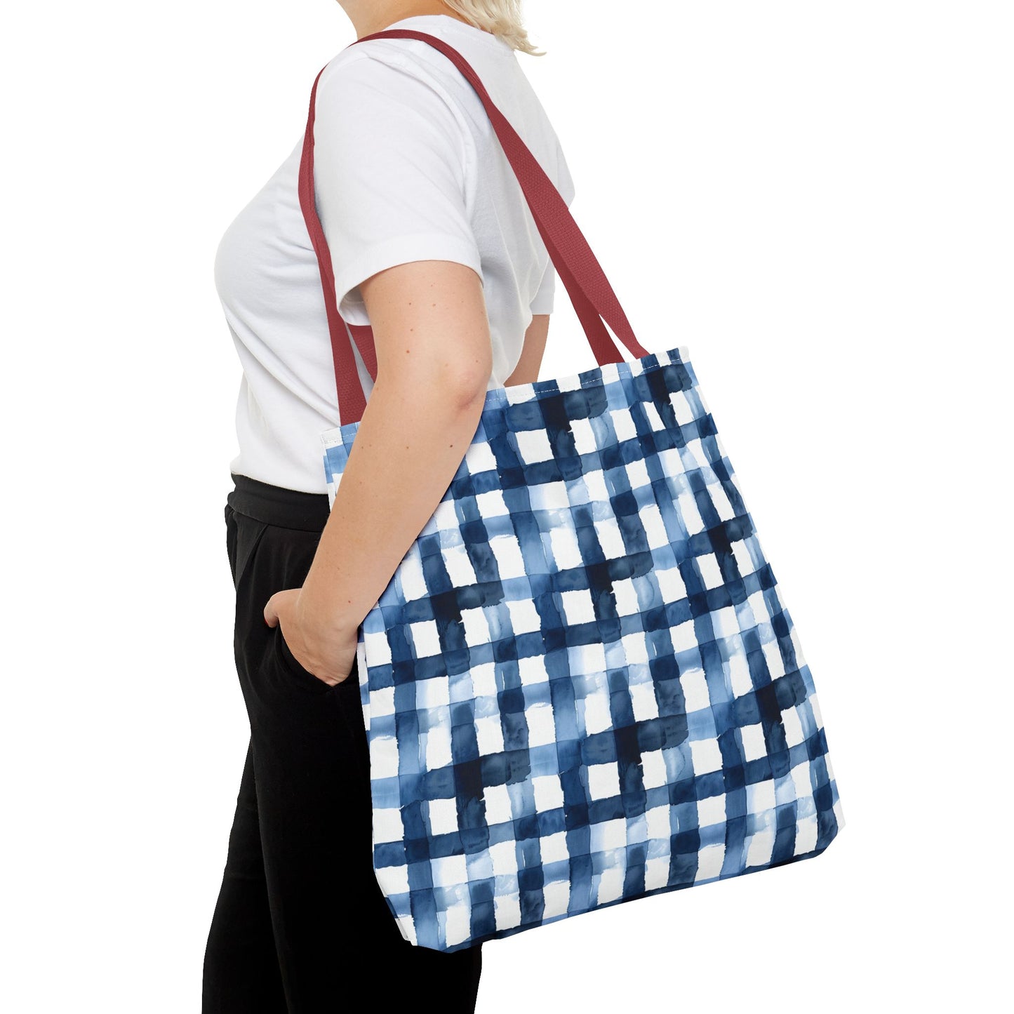 Blue Watercolor Plaid Tote Bag — Navy Check Pattern All-Over Print