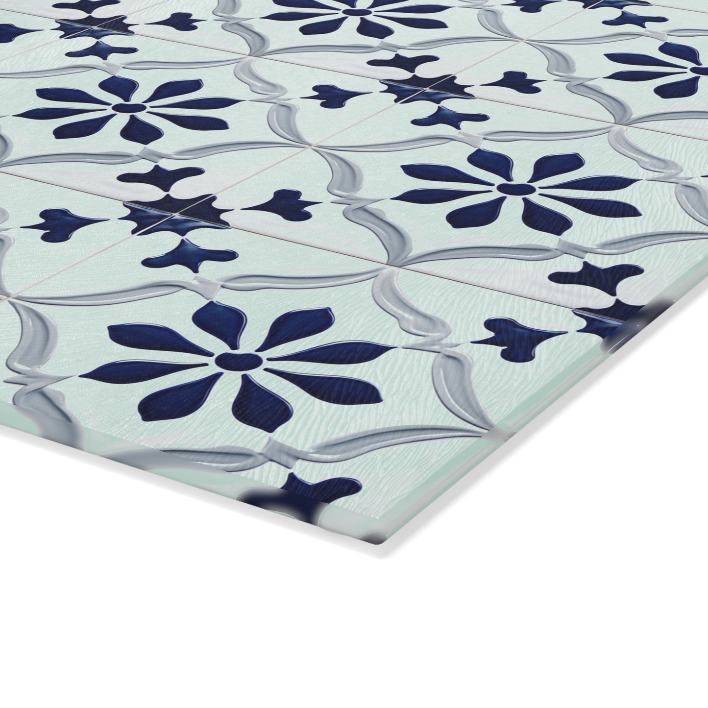 Floral Tile Glass Cutting Board — Blue Patterned Kitchen Trivet
