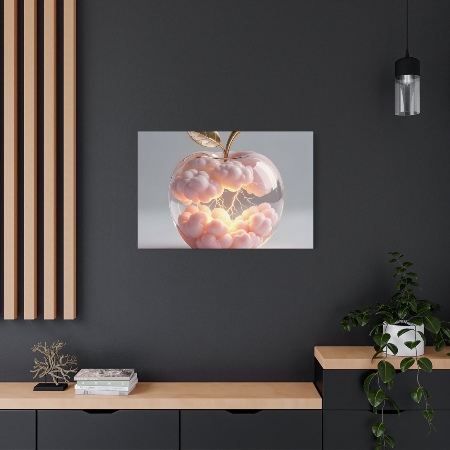 Surreal Glass Apple Canvas – Lightning & Pink Clouds Wall Art
