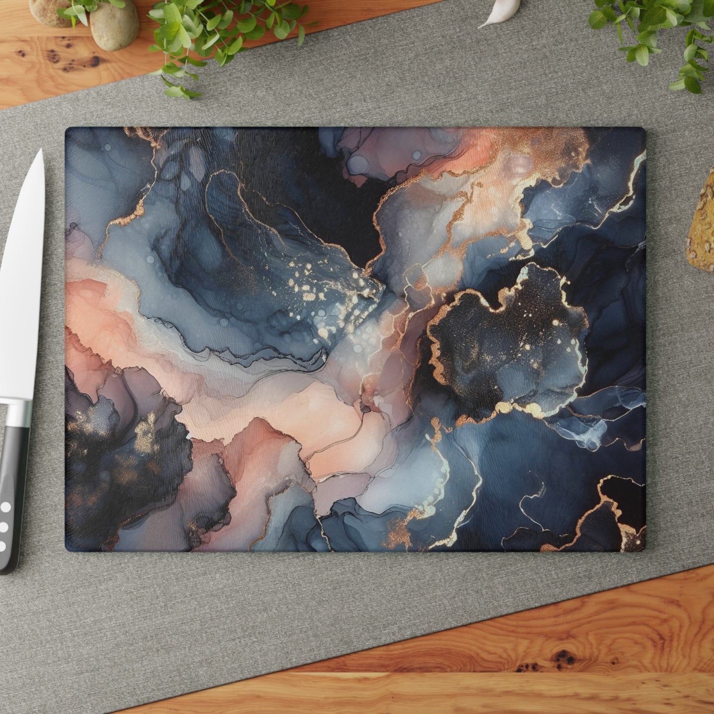 Tempera Marble Glass Cutting Board — Elegant Blue, Pink & Gold Kitchen Decor