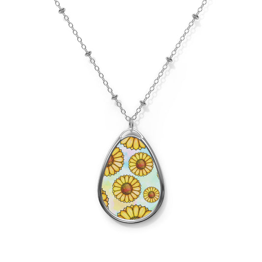 Sunny Flower Oval Necklace, Boho Jewelry, Gift for Her, Floral Pendant, Everyday Wear, Mother's Day, Spring Accessory