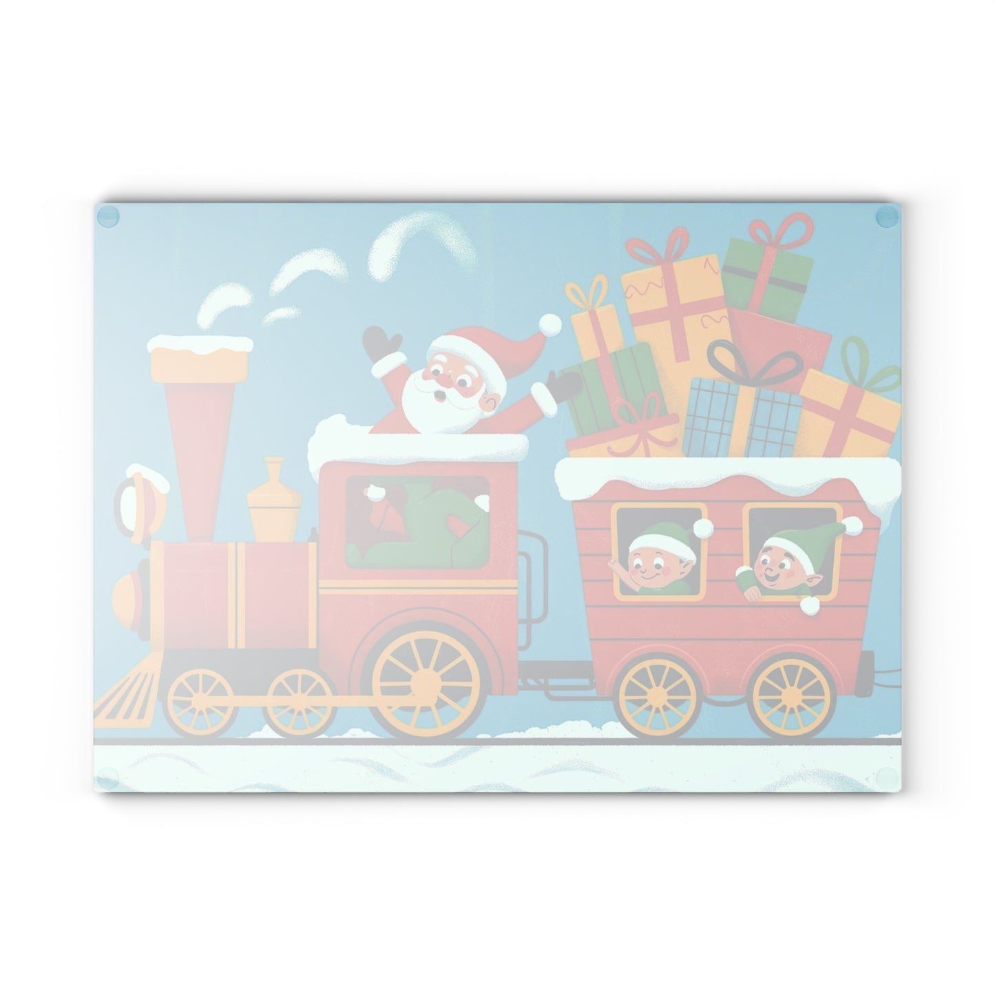 Christmas Santa Train Glass Cutting Board — Festive Holiday Kitchen Decor