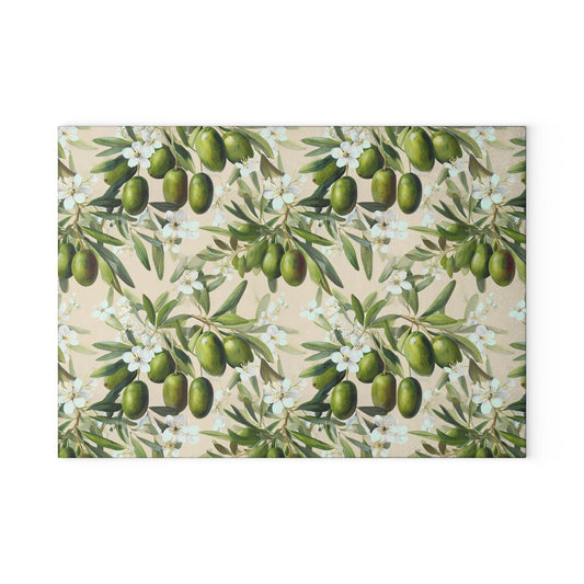 Olive Branch Glass Cutting Board — Mediterranean Kitchen Decor