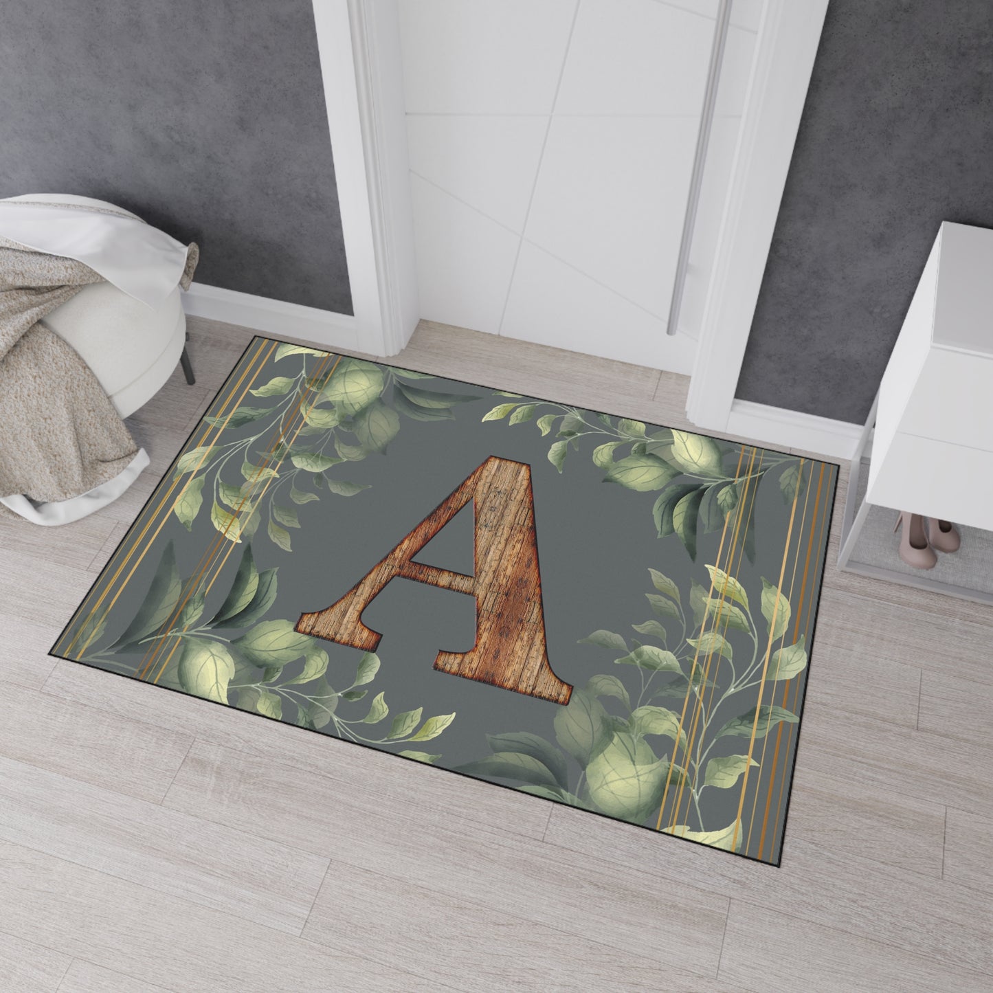 Personalized Monogram Floor Mat - Rustic Wood 'A' with Greenery Welcome Rug - Letter A