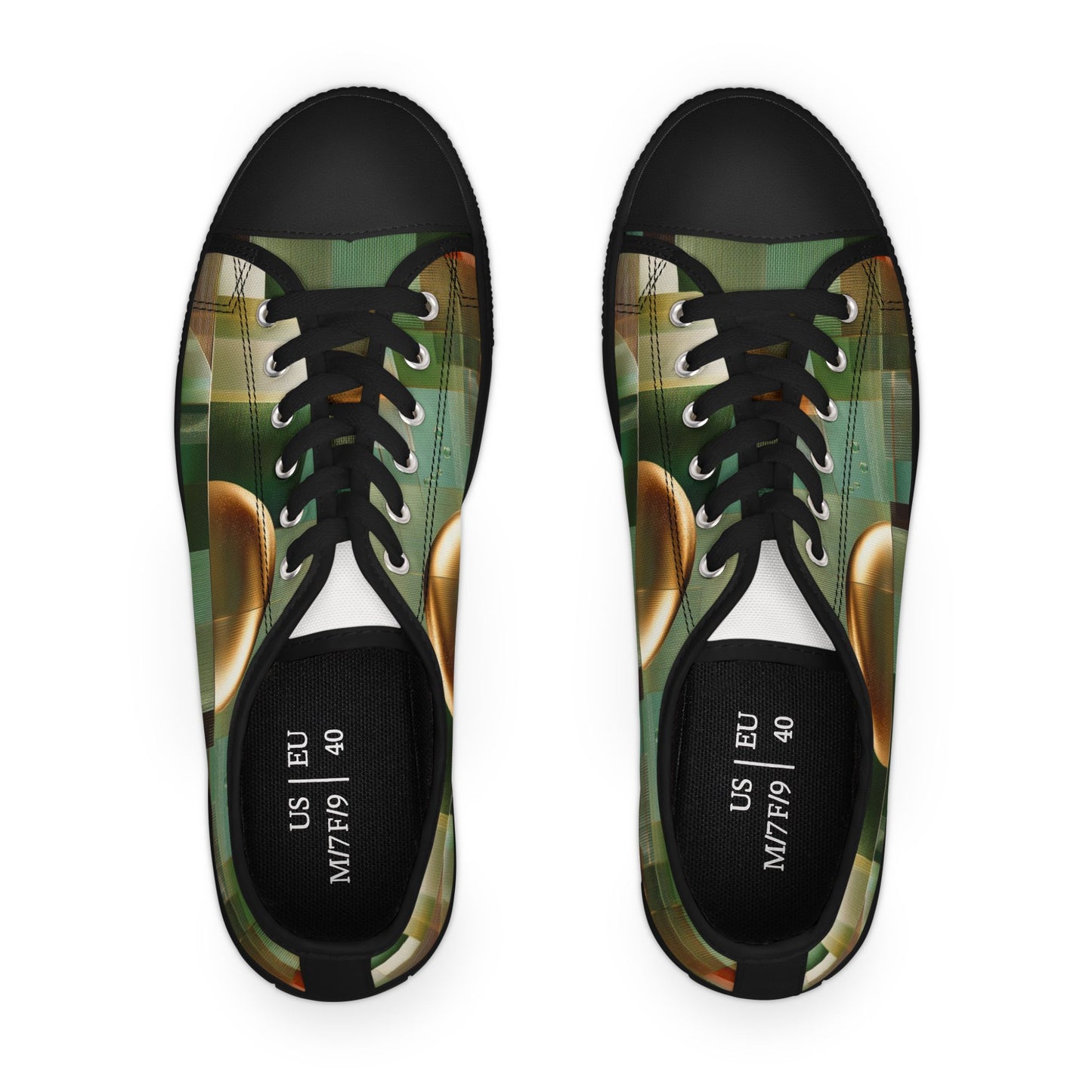 Low Top Sneakers — Green Abstract Geometric with Gold Orb Design