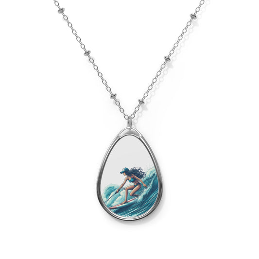 Surfing Oval Necklace - Beach Lifestyle Jewelry, Gift for Surfers, Coastal Fashion, Summer Accessory, Ocean Wave Pendant
