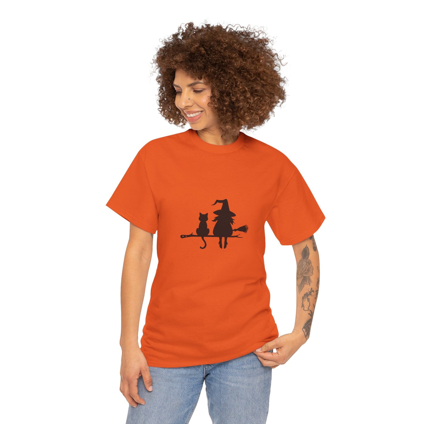Witch and Cat Tee | Spooky Unisex Shirt for Halloween | Cute Witchwear for Cat Lovers | Fall Wardrobe Essential | Gift for Magical Friends