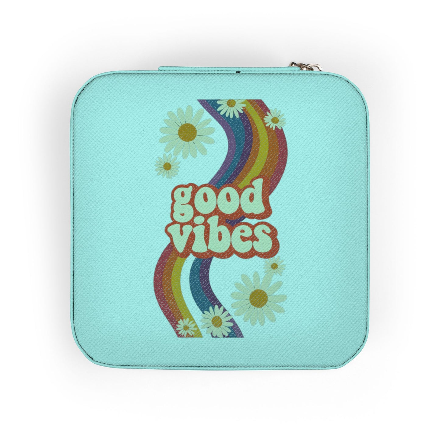 Good Vibes Jewelry Travel Case — Compact Retro Rainbow Daisy Jewelry Organizer