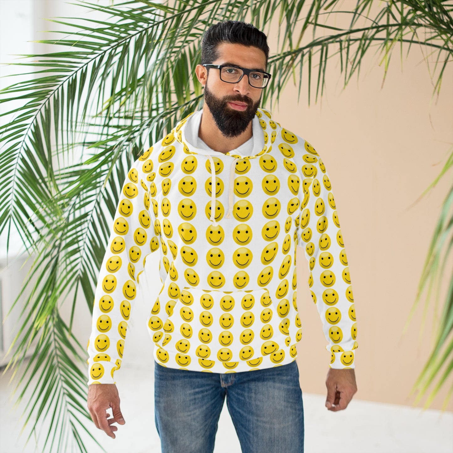 Smiley Face Hoodie - Unisex Pullover with All-Over Print, Perfect for Casual Outings, Gifts for Teens, Cozy Loungewear, and Happy Occasions