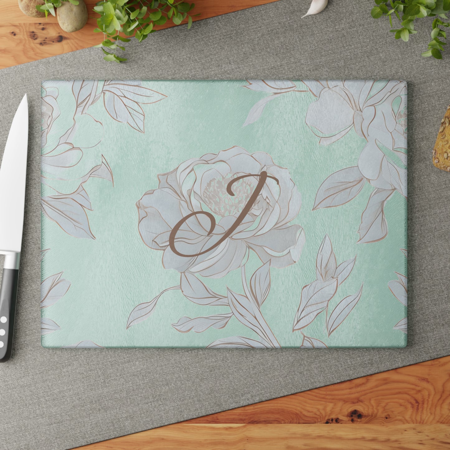Personalized Floral Glass Cutting Board, Elegant Kitchen Gift, Monogrammed Home Decor, Wedding Gift, Anniversary Present