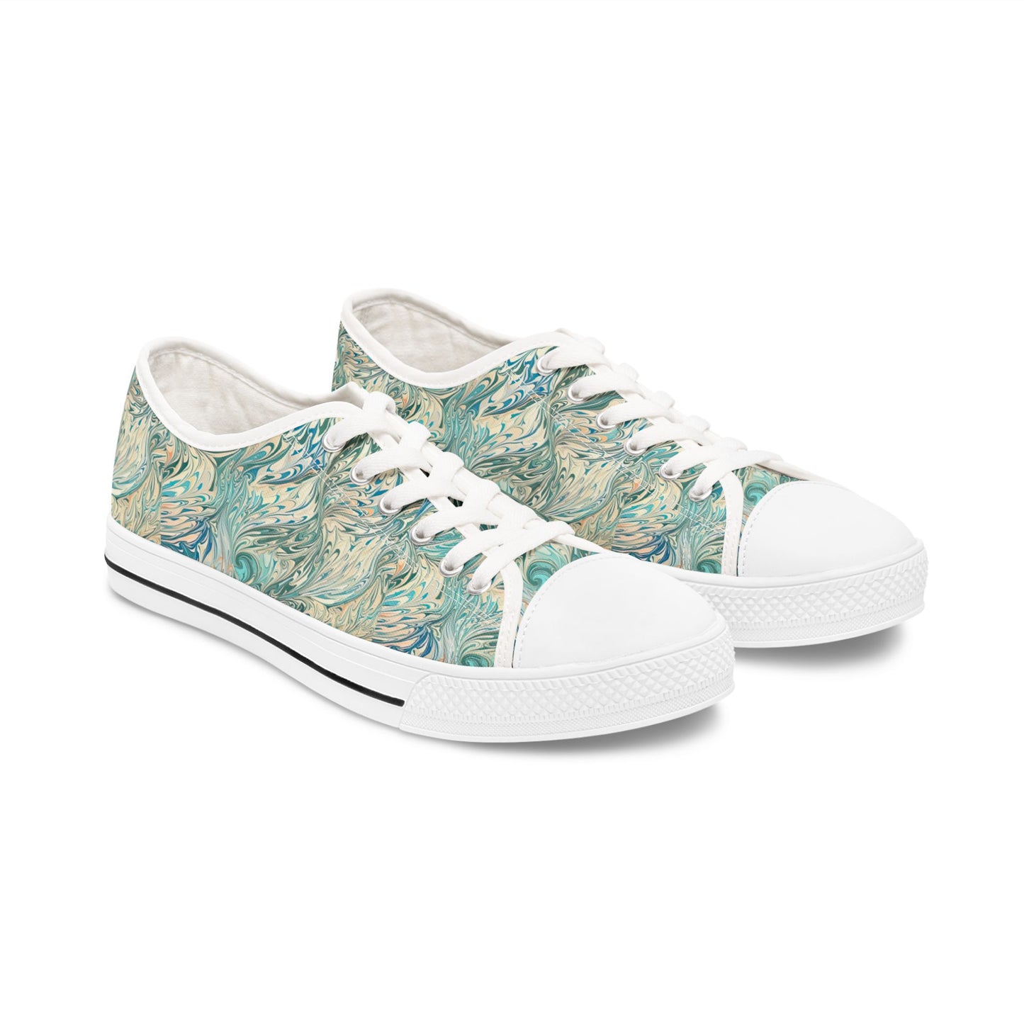 Low Top Sneakers — Teal Swirl Floral Pattern Casual Shoes
