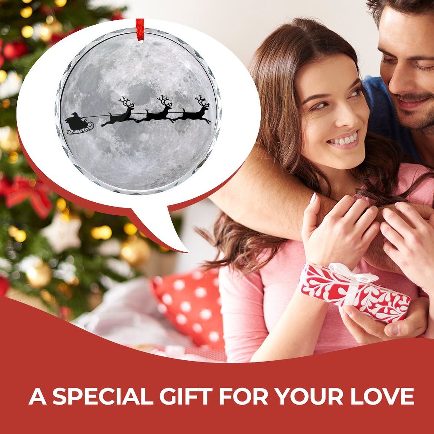 Glass Circular Ornament Pendant - Moon Santa Flying