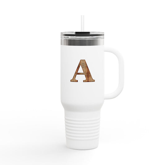 Wooden Monogram 40oz Insulated Travel Mug – Personalized Initial 'A'