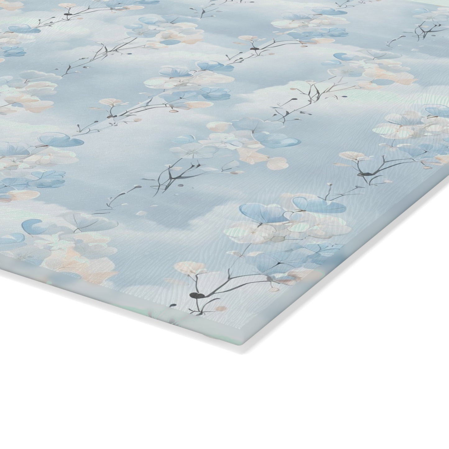 Glass Cutting Board — Soft Blue Watercolor Floral Pattern