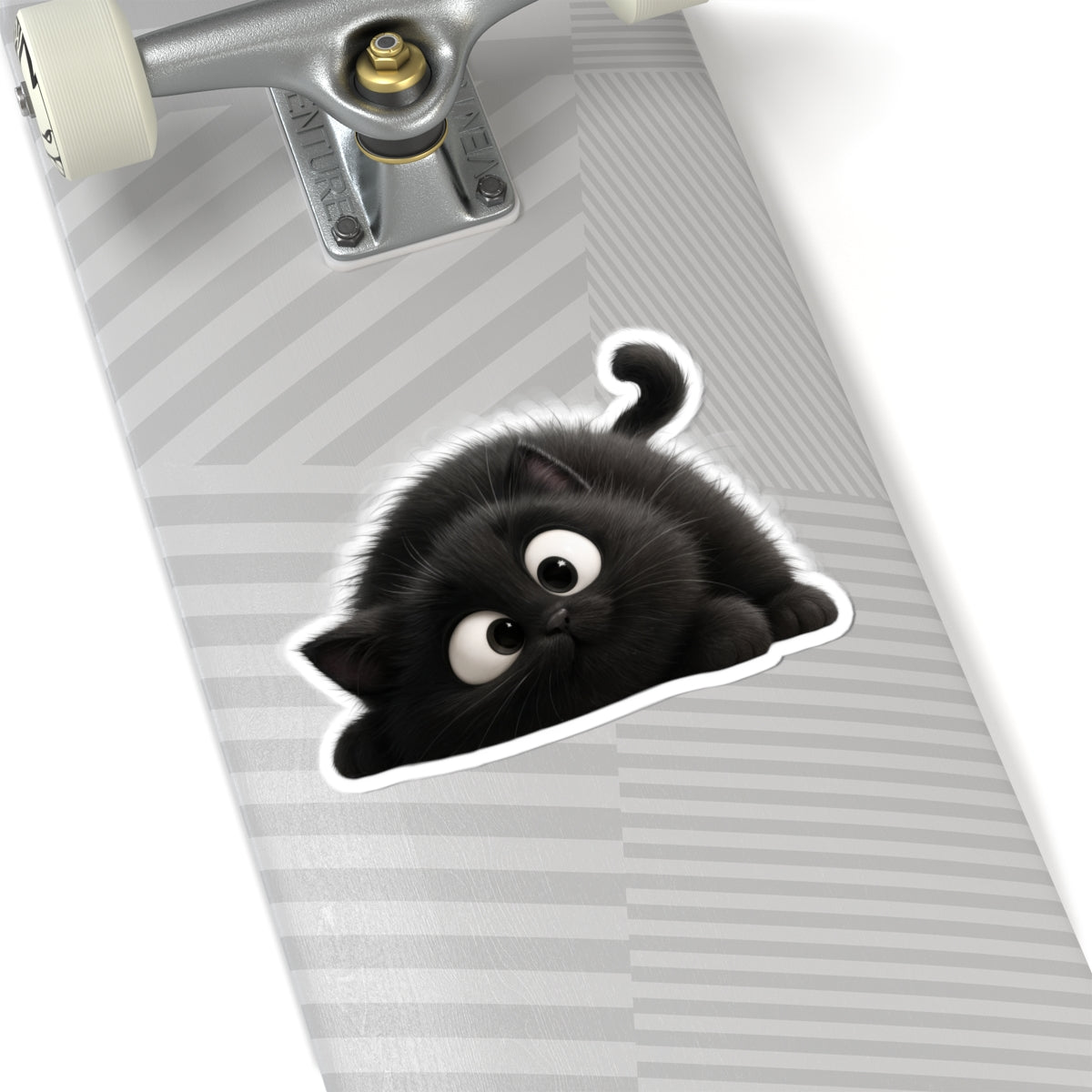 Cute Fluffy Black Kitten Kiss-Cut Sticker — Playful Cat Laptop Decal