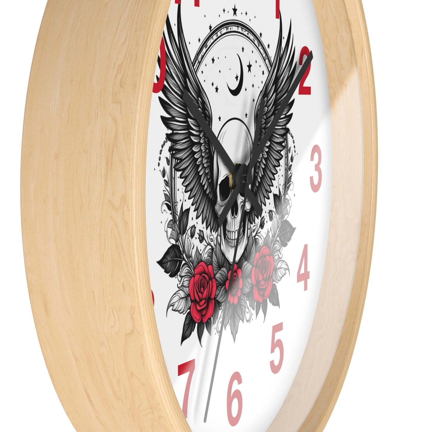 Winged Skull with Red Roses Wall Clock | Gothic Moon Skull Clock