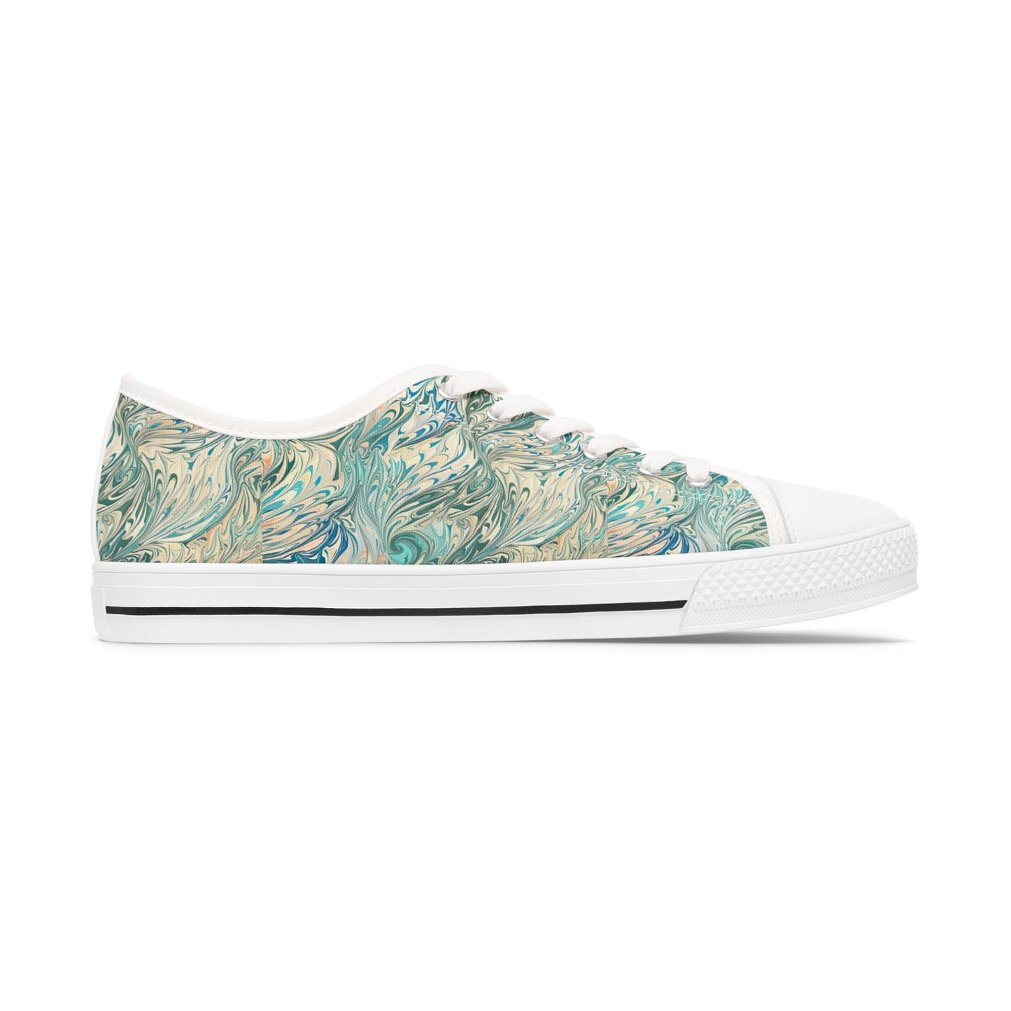 Low Top Sneakers — Teal Swirl Floral Pattern Casual Shoes