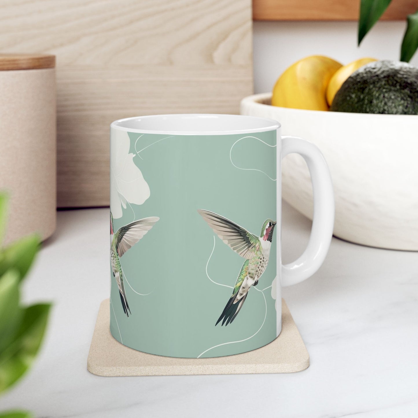 Hummingbird Floral Ceramic Mug – Botanical Mint Coffee Cup (11oz & 15oz)