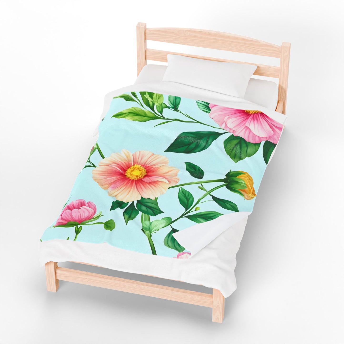 Floral Velveteen Plush Blanket — Pastel Pink & Mint Flower Throw