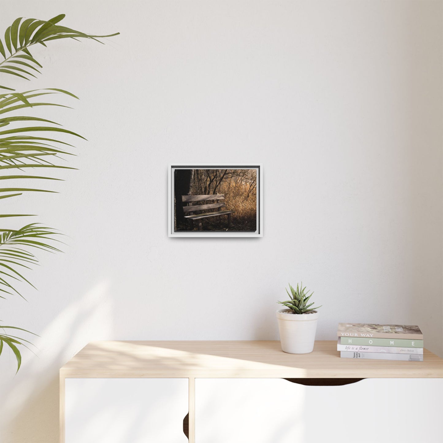 Framed Matte Canvas Print — Autumn Park Bench Photography