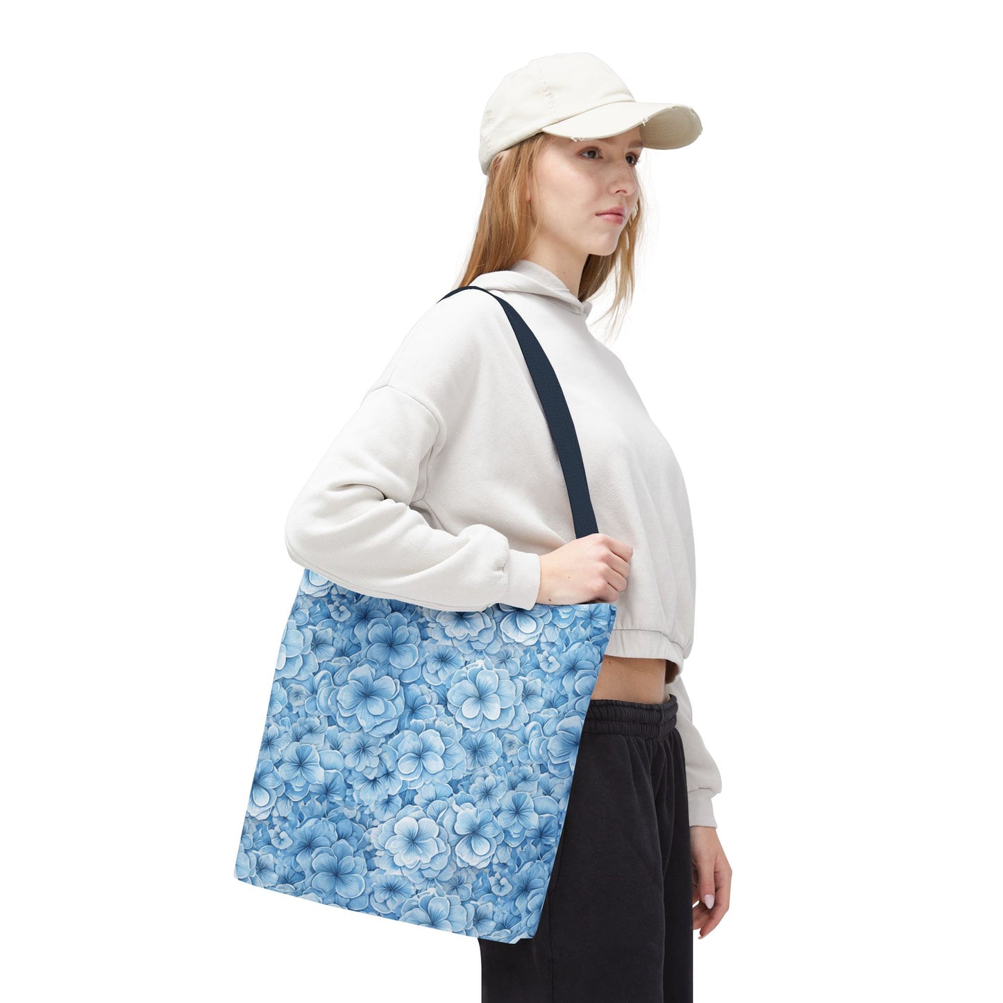 Blue Watercolor Floral Tote Bag — Reusable Flower Pattern Shopper