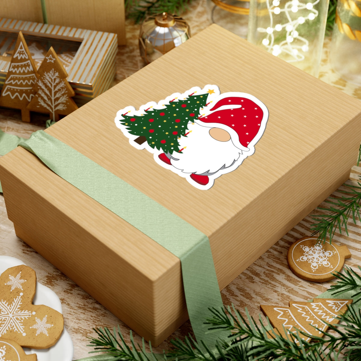 Christmas Gnome Kiss-Cut Sticker – Santa Hat & Decorated Tree Holiday Decal