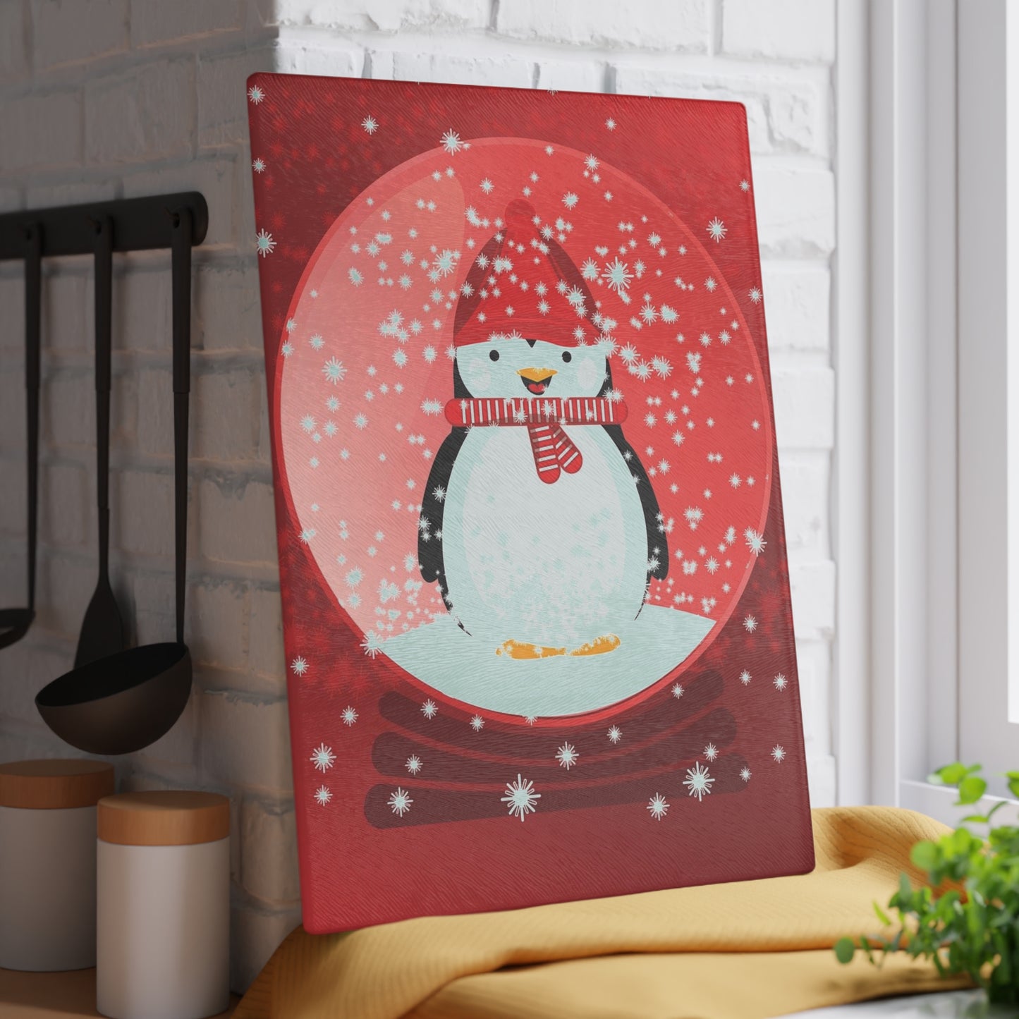 Holiday Penguin Glass Cutting Board – Festive Snow Globe Kitchen Decor