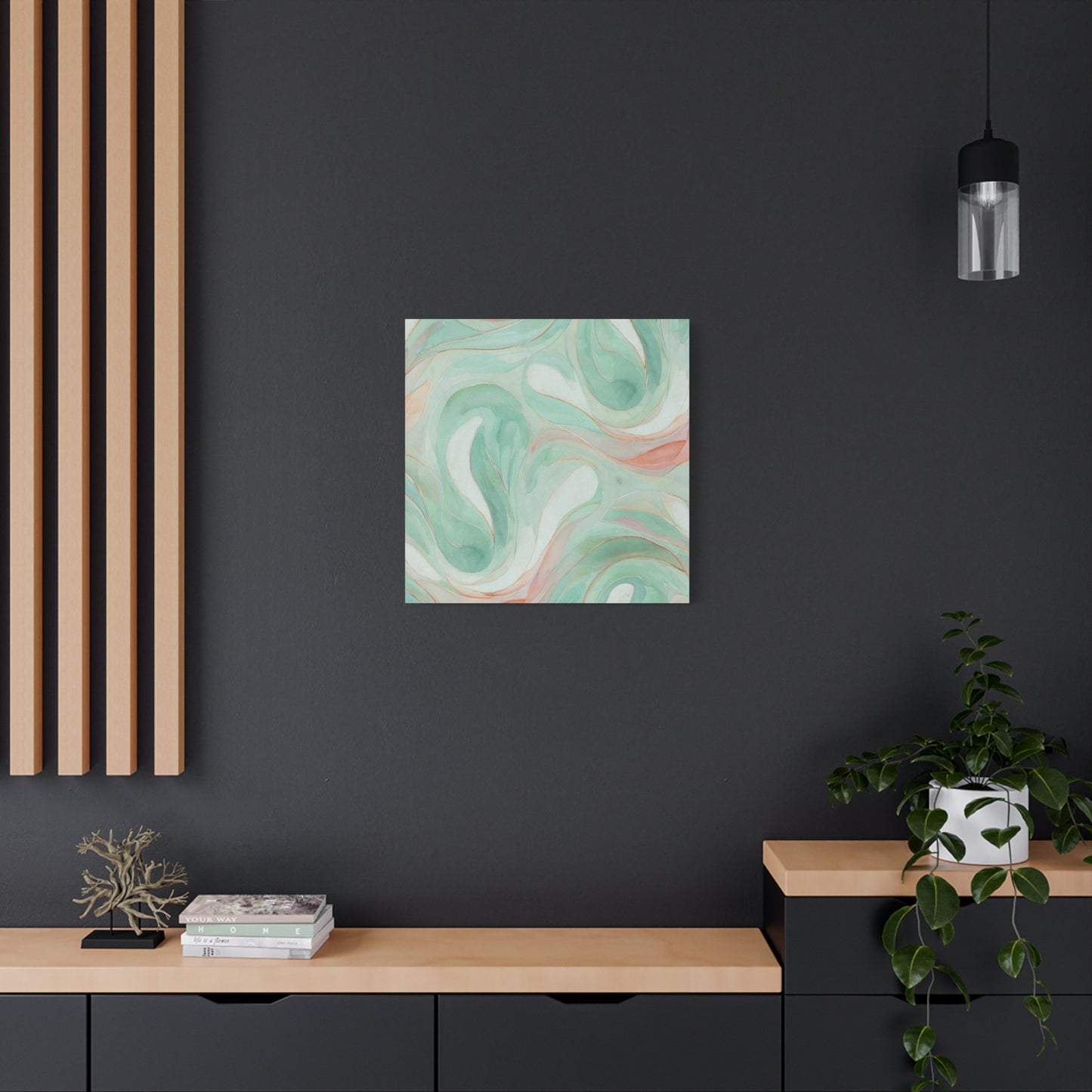 Abstract Green Marble Canvas Print — Teal & Coral Swirl Wall Art