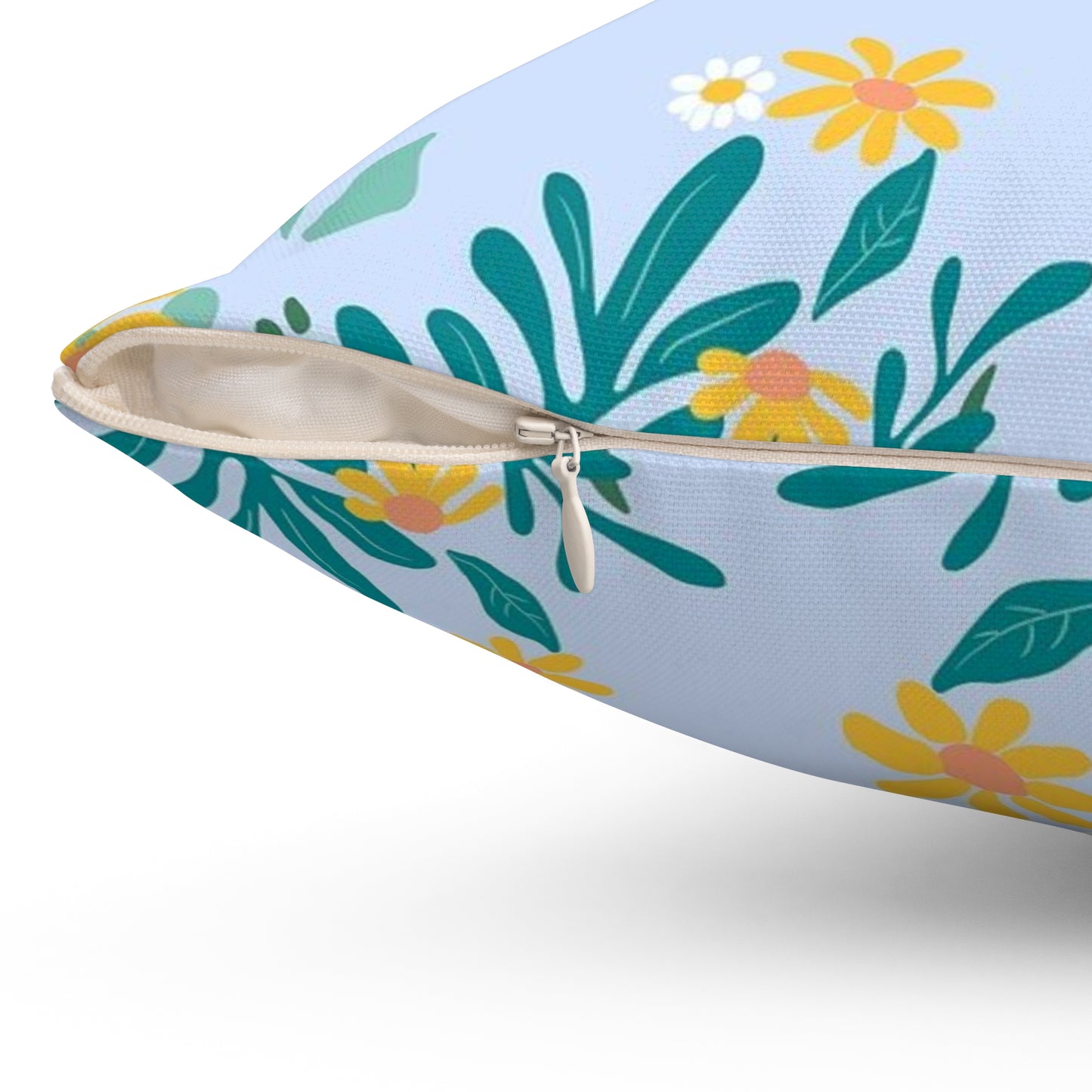 Floral Border Square Pillow — Light Blue Daisy Accent Cushion