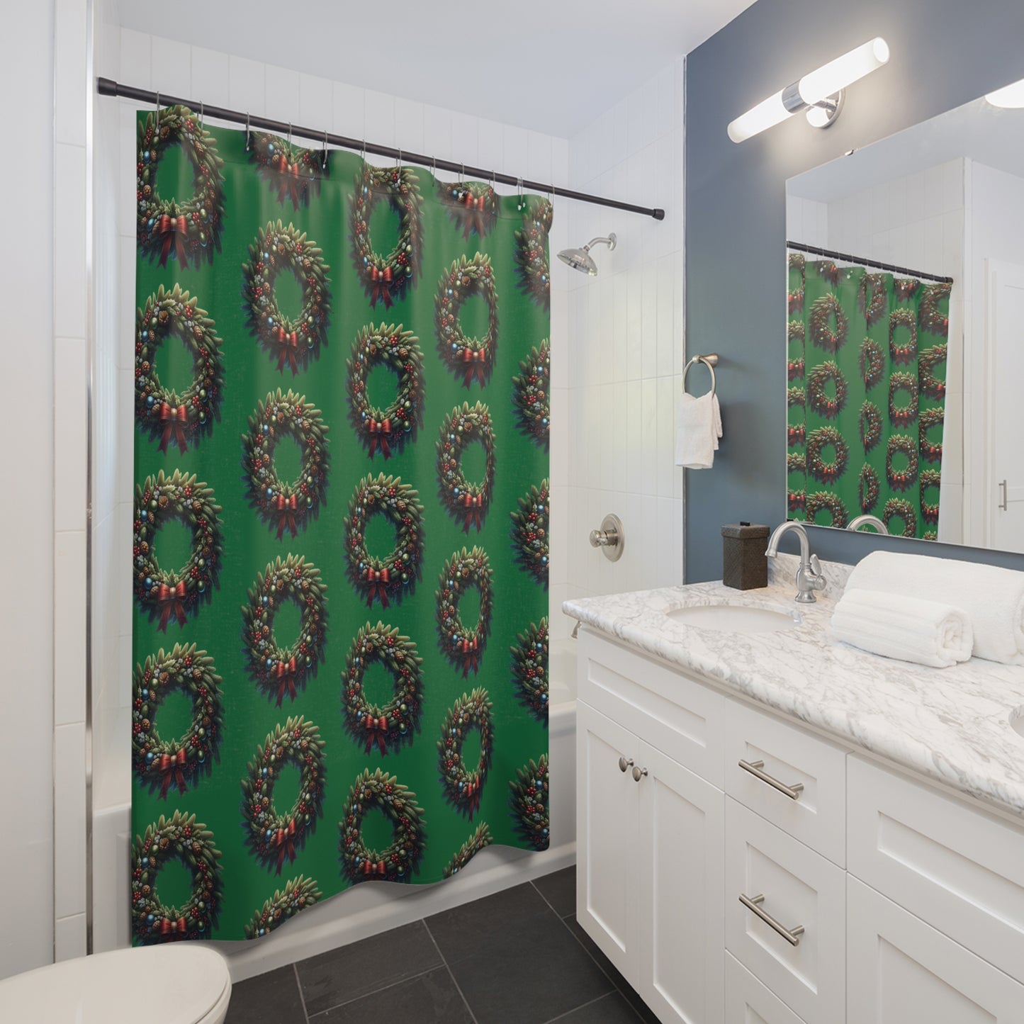 Festive Wreath Shower Curtain | Holiday Bathroom Decor, Christmas Gift, Party Decoration, Seasonal Home Accent, Winter Theme