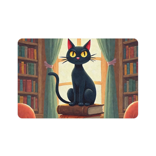 Black Cat Library Pet Food Mat (12x18) - Cute Cat Feeding Mat for Cats & Small Dogs