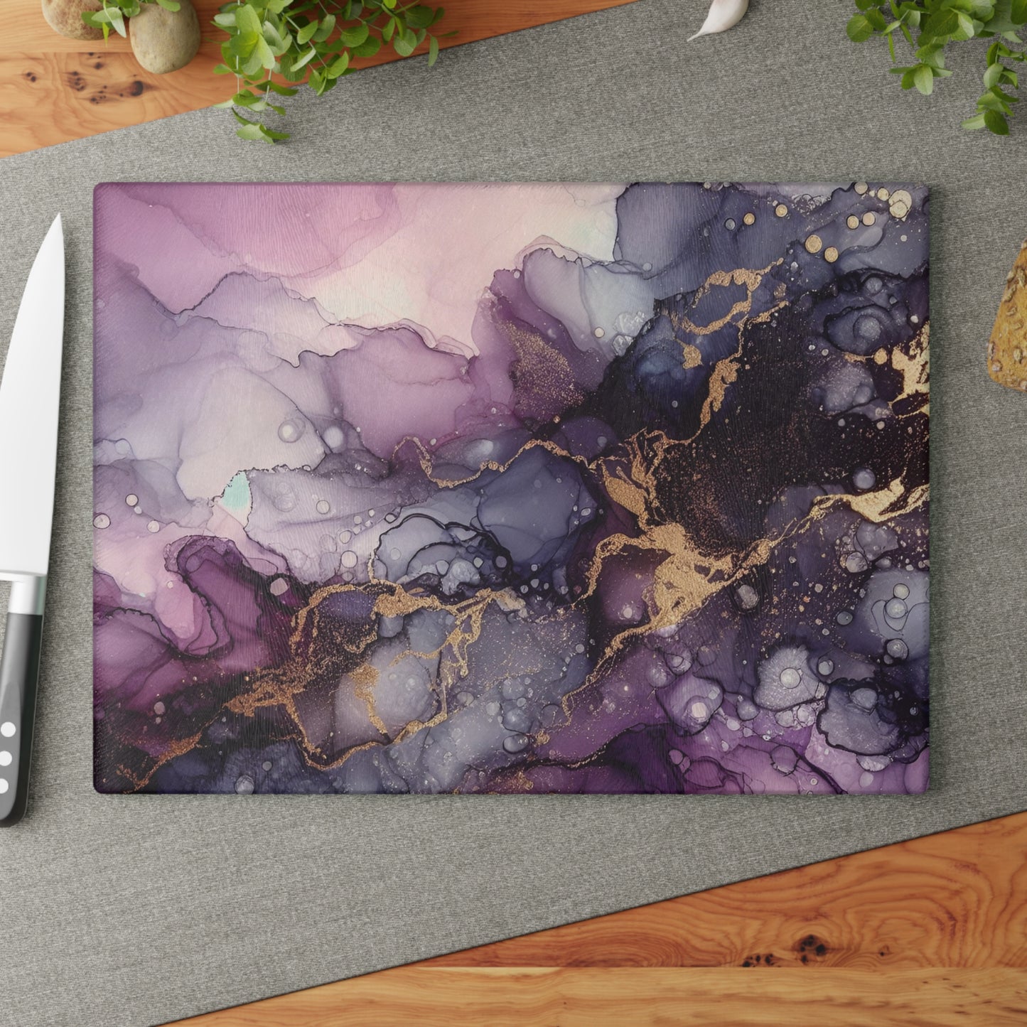Purple Marble Glass Cutting Board – Abstract Gold Vein Kitchen Board
