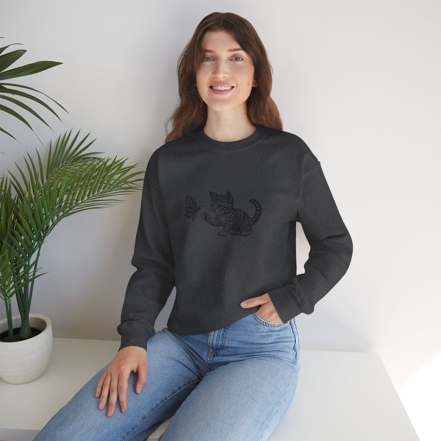 Kitten Butterfly Sweatshirt, Cozy Crewneck with Cat Art, Perfect Gift for Animal Lovers, Cute Sweatshirt for Relaxation & Everyday Wear