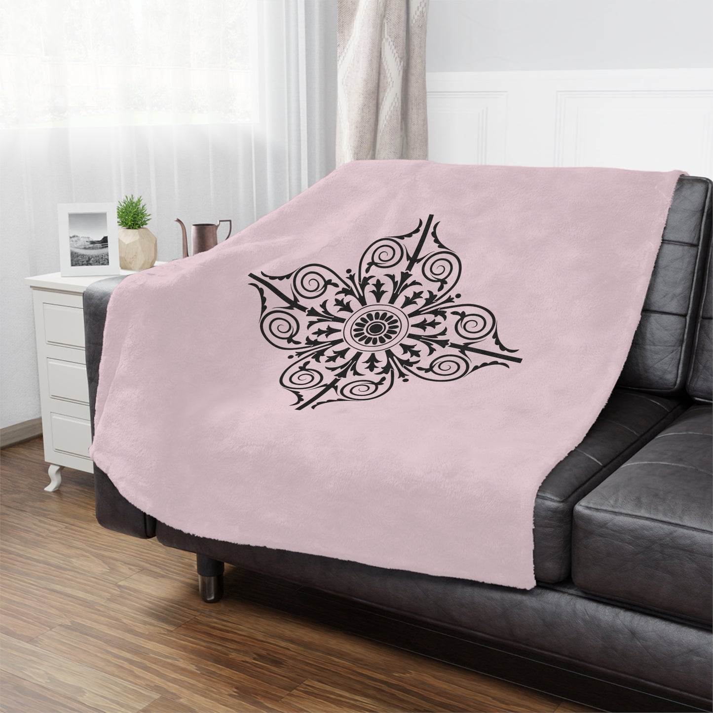 Pink Minky Blanket with Black Ornate Medallion – Decorative Cozy Throw