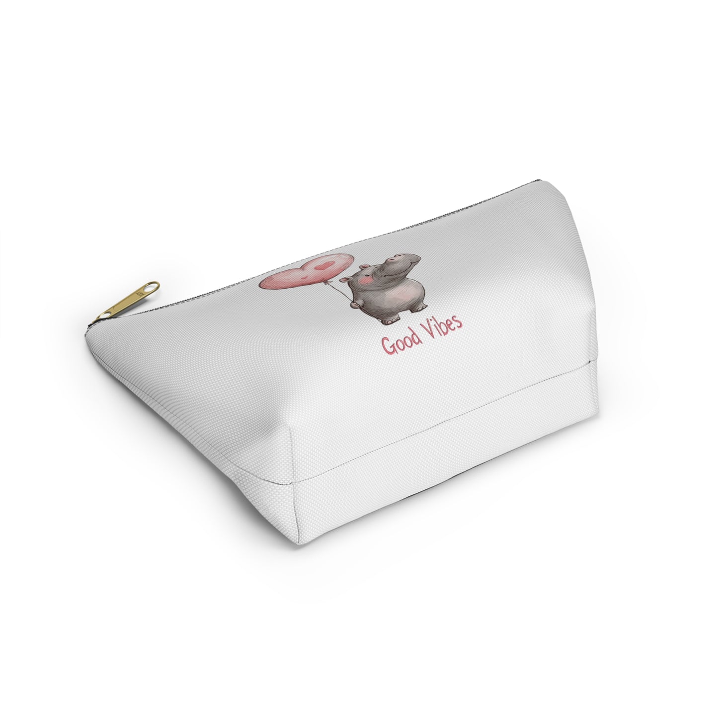 Good Vibes Hippo Accessory Pouch, Cute Makeup Bag, Gift for Animal Lovers, Fun Travel Organizer, Heart Balloon Design