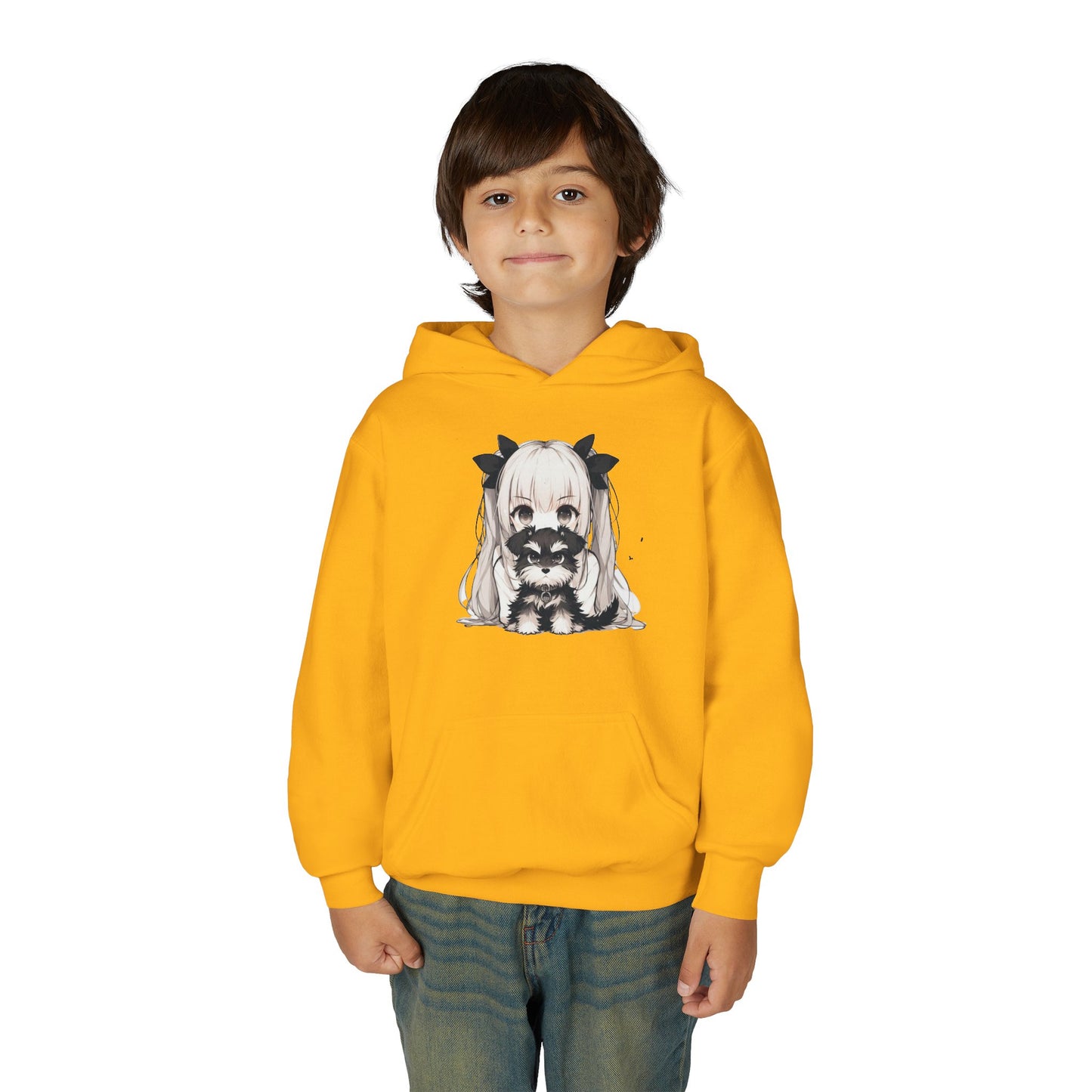Cute Anime Girl & Puppy Youth Hoodie — Kawaii Kids Pullover for Anime Fans