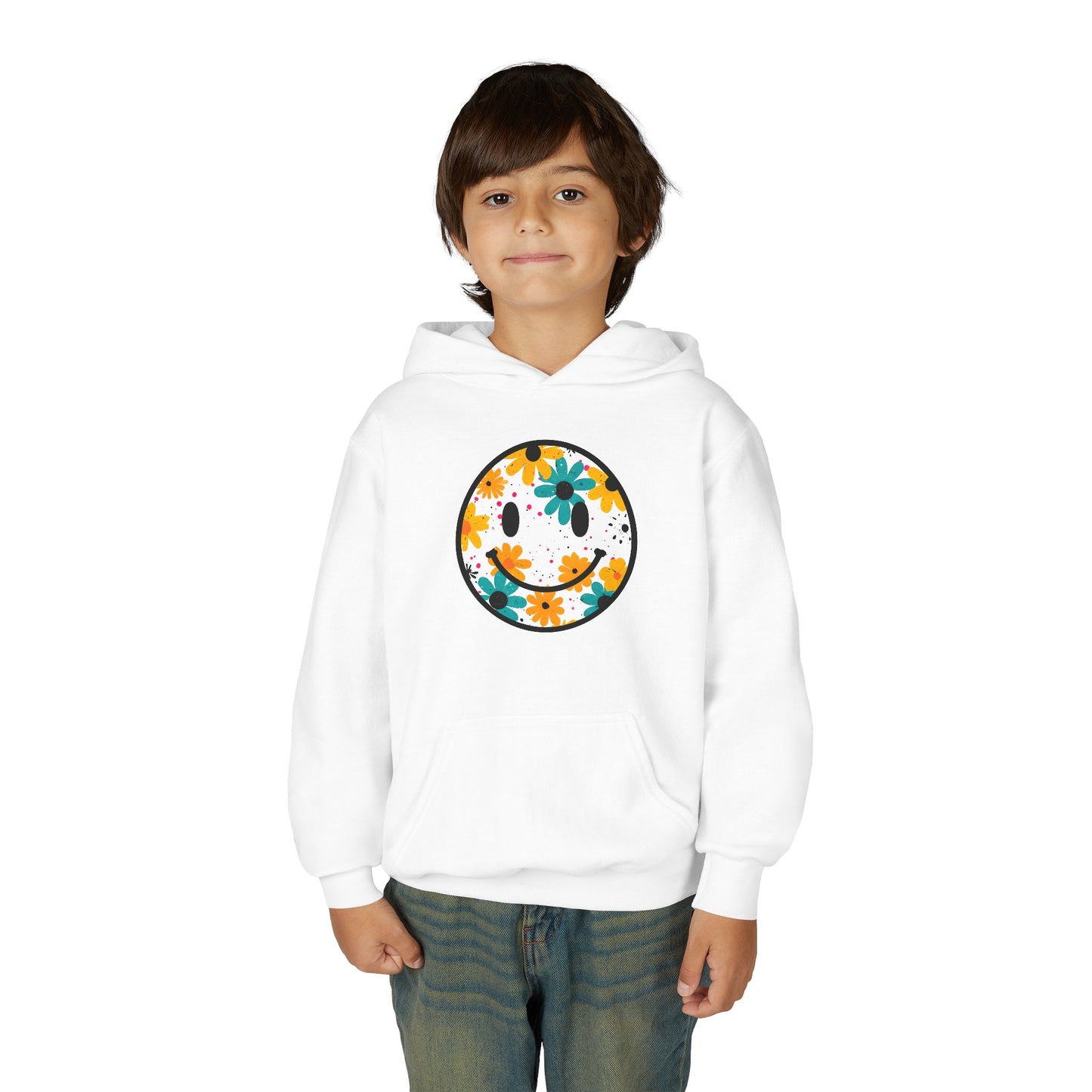 Youth Floral Hoodie – Orange & Teal Flower Circle Design
