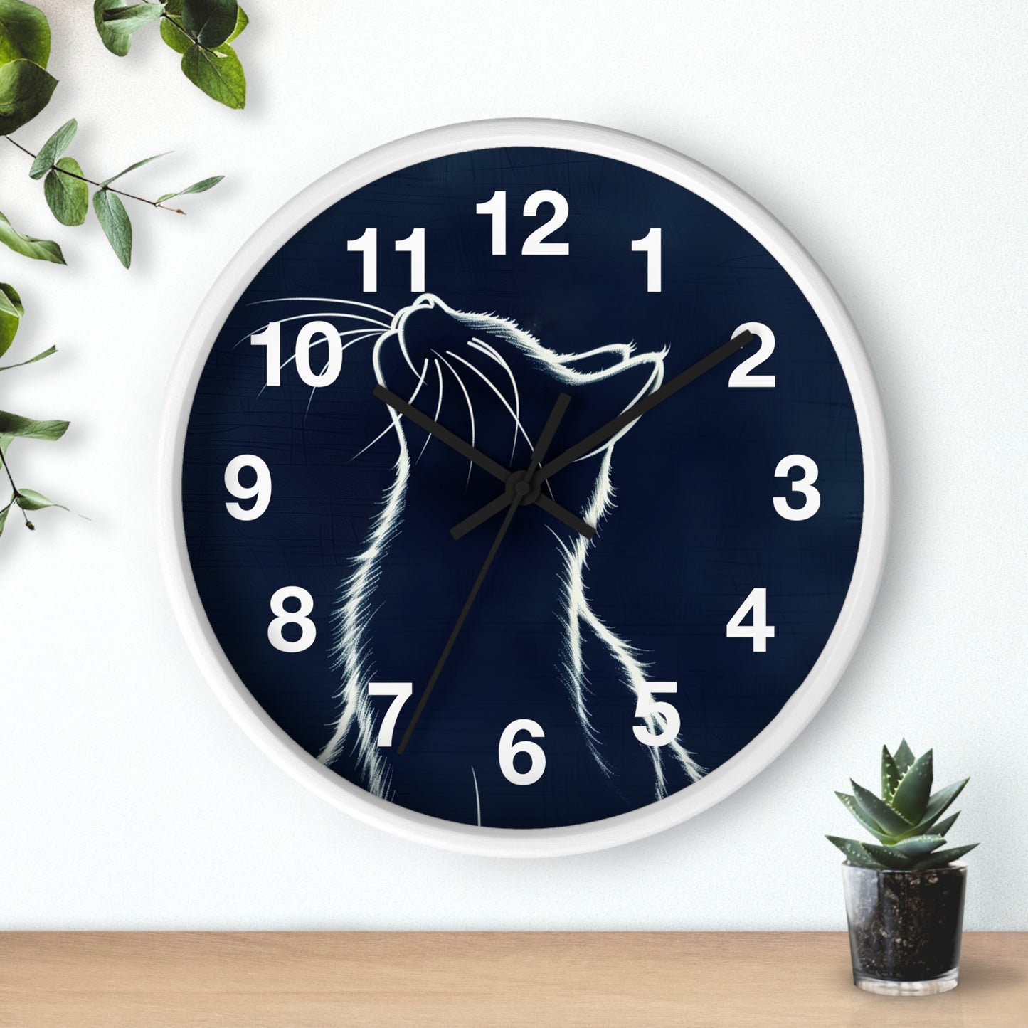 Moonlit Cat Wall Clock | Night Sky Silhouette, Minimal Numerals