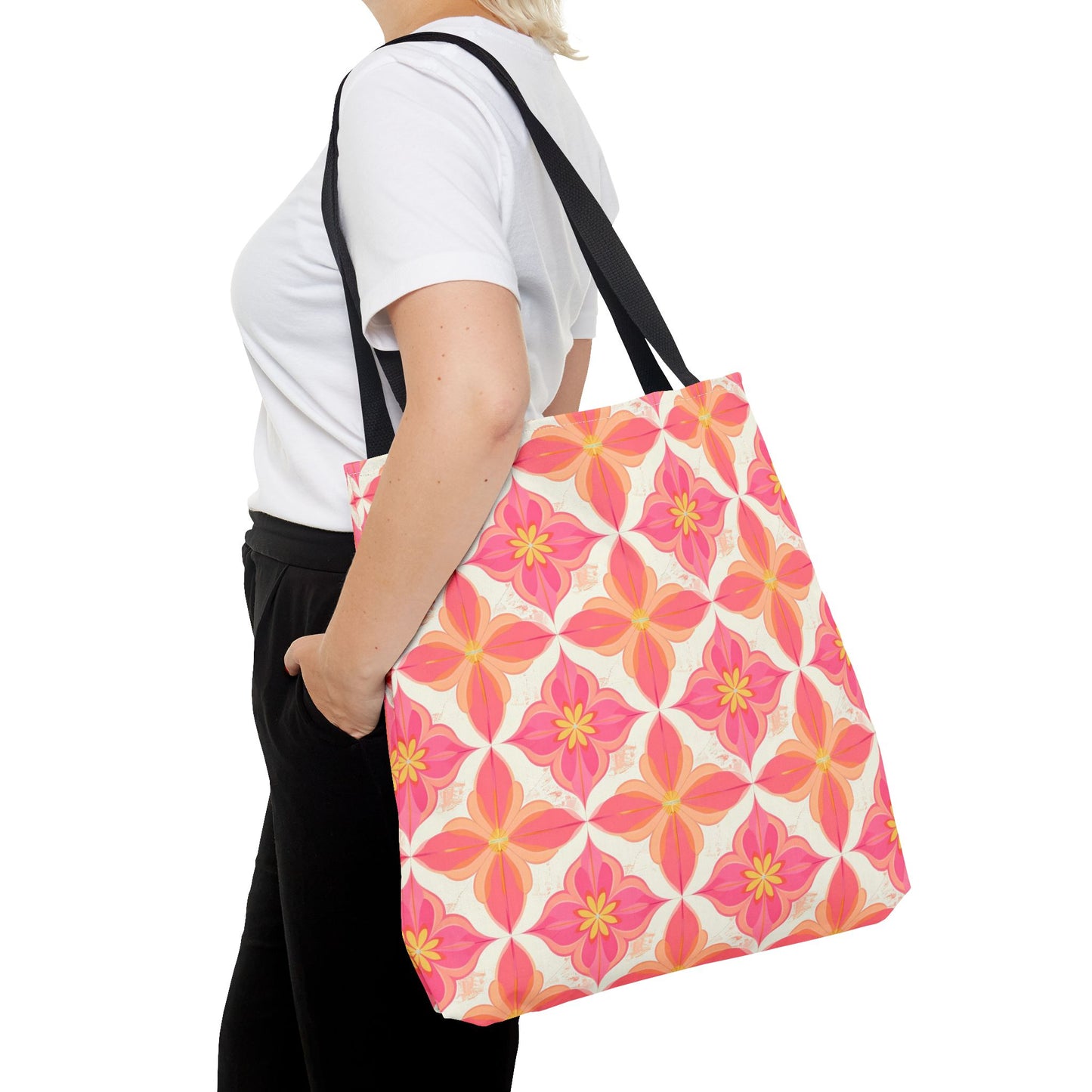 Pink Floral Geometric Tote Bag — All-Over Print Reusable Shopper