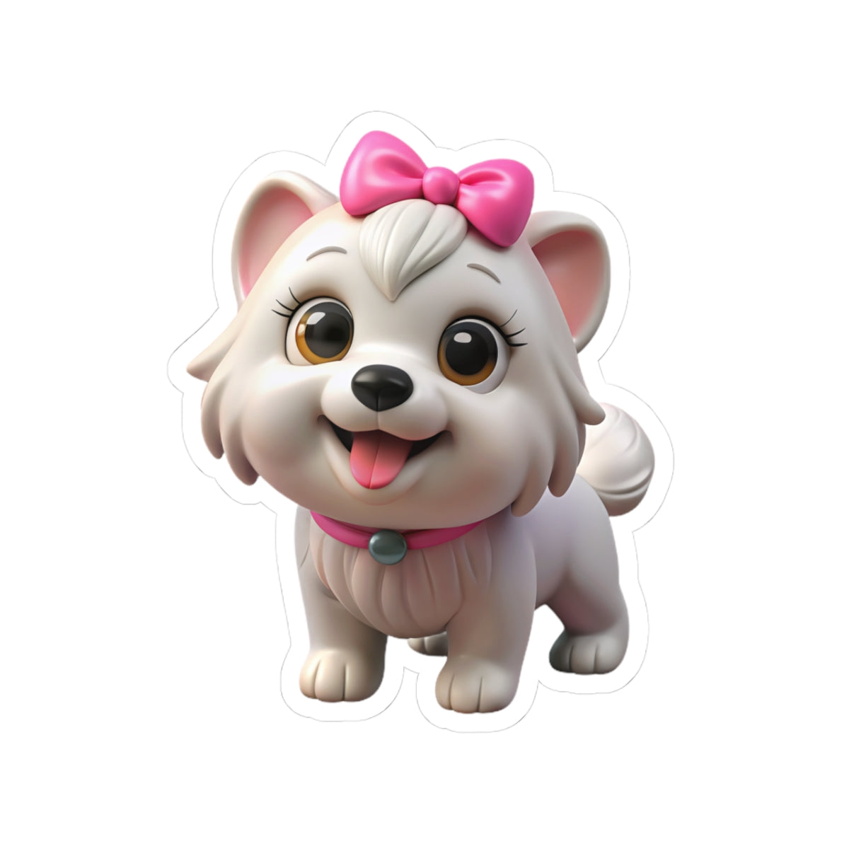 Cute White Puppy Kiss-Cut Sticker — Adorable Bow-Wearing Dog Laptop Decal